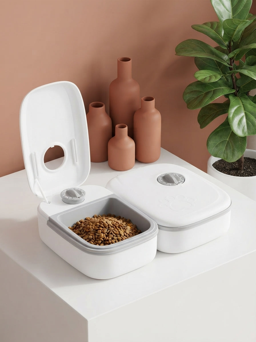 A 2-in-1 gravity pet food and water dispenser with a stainless steel bowl placed on a white surface in a modern room with ter